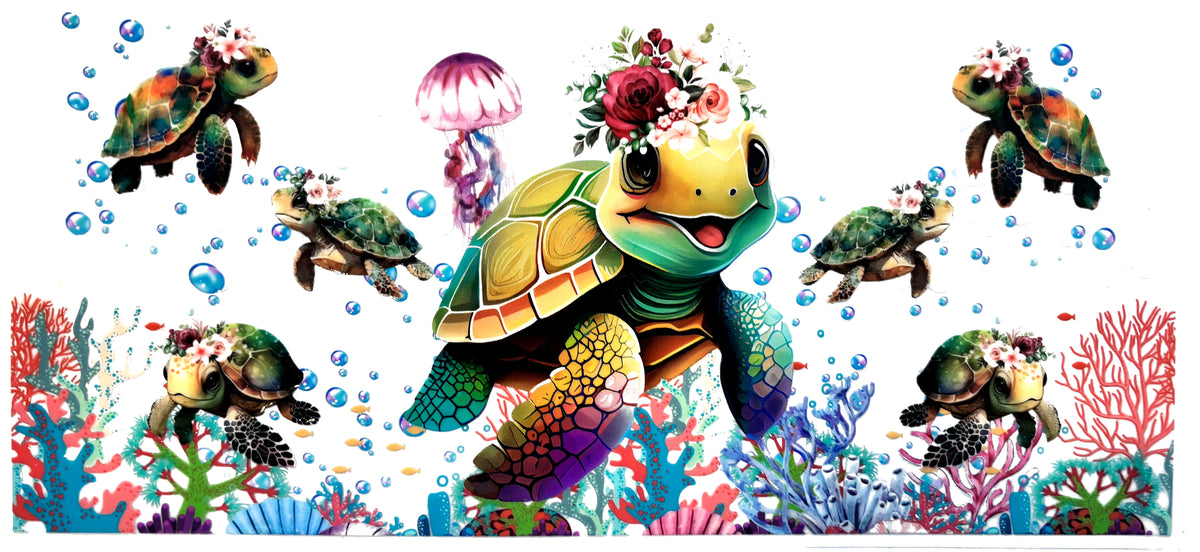 Colorful sea turtles with flowers, bubbles, jellyfish and coral UVDTF wrap, #616, on a white background