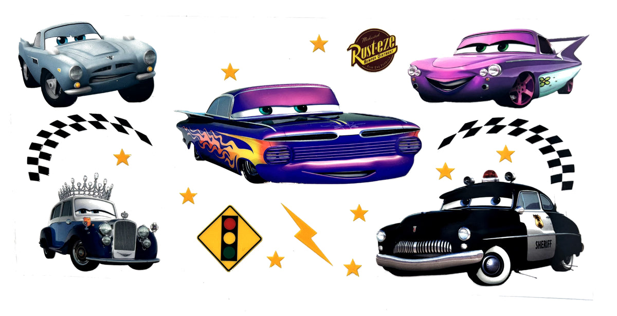 Cars purple group UVDTF decal wrap, #630, on a white background