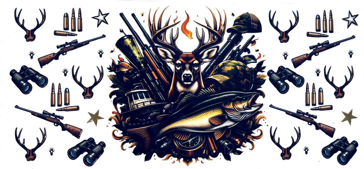 Hunting fishing collage UVDTF decal wrap, #652, on a white background