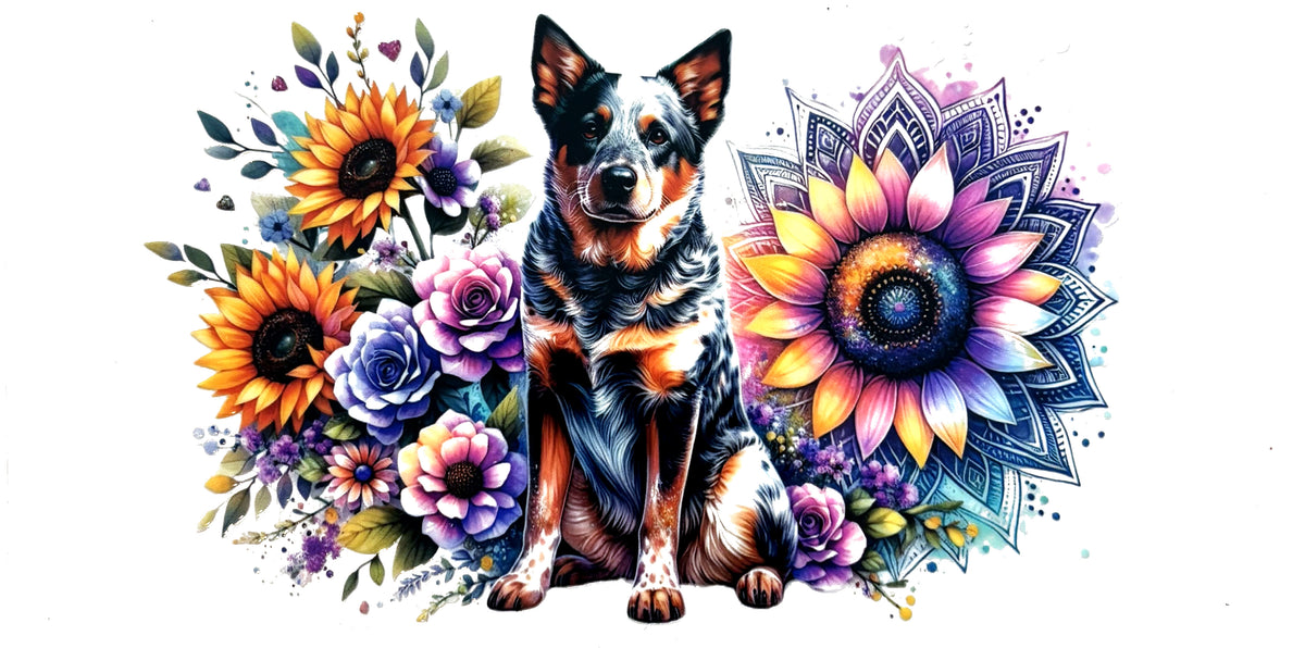 Dog sunflowers UVDTF decal wrap, #654, on a white background