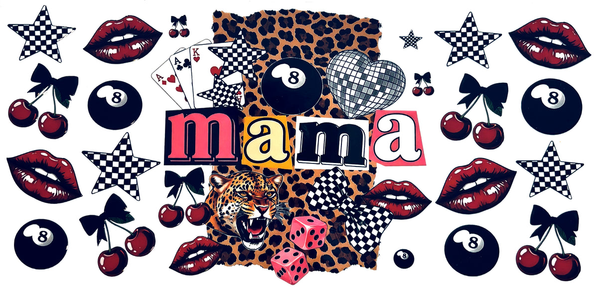 Mama leopard cherries 8 ball UVDTF decal wrap, #656, on a white background
