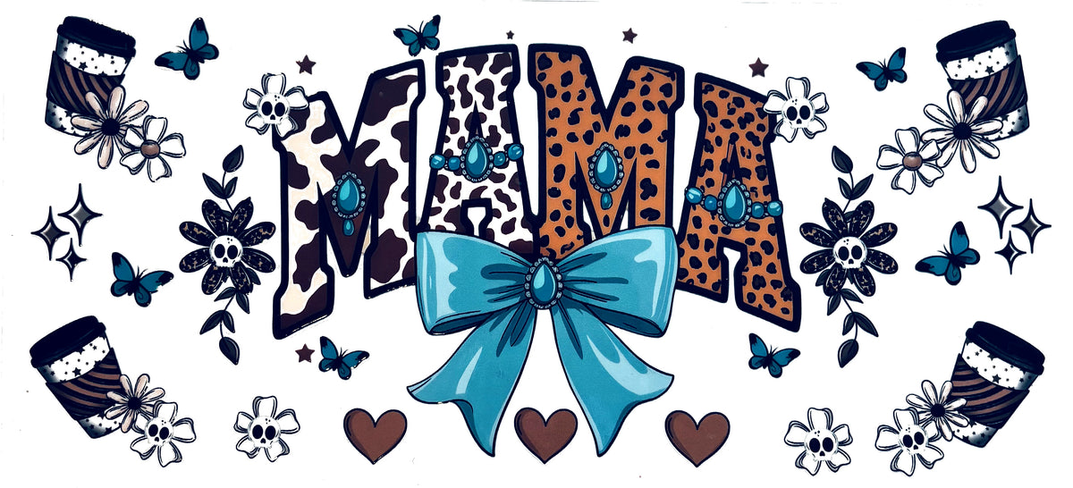 Mama western teal bow UVDTF decal wrap, #657, on a white background