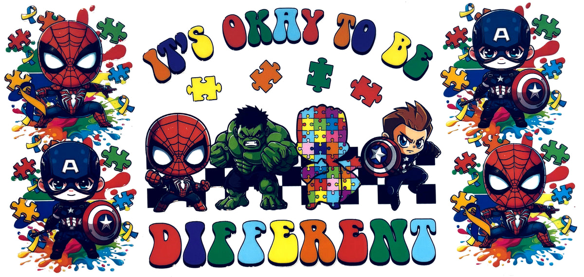 Autism superheroes different UVDTF decal wrap, #659, on a white background