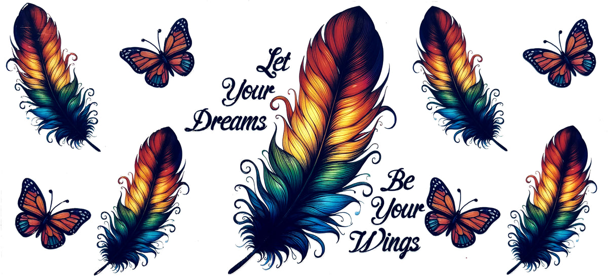 Rainbow feathers dreams wings UVDTF decal wrap, #664, on a white background
