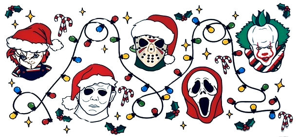 Christmas horror characters with Santa hats, candy canes and colorful string lights UVDTF wrap