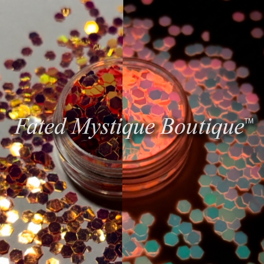Valkyrie pink purple and gold color-shifting glow-in-the-dark chunky glitter; side-by-side effects with Fated Mystique Boutique™ watermark