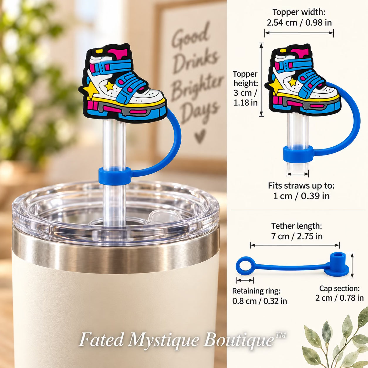 Roller Skate straw topper shown in use with measurements and Fated Mystique Boutique watermark