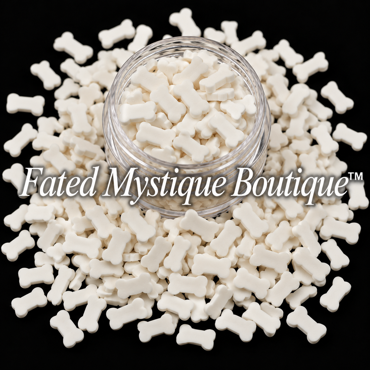 White Bone Craft Embellishments, 0.71 oz clearance pack, shown in a clear display jar with scattered pieces on a black background