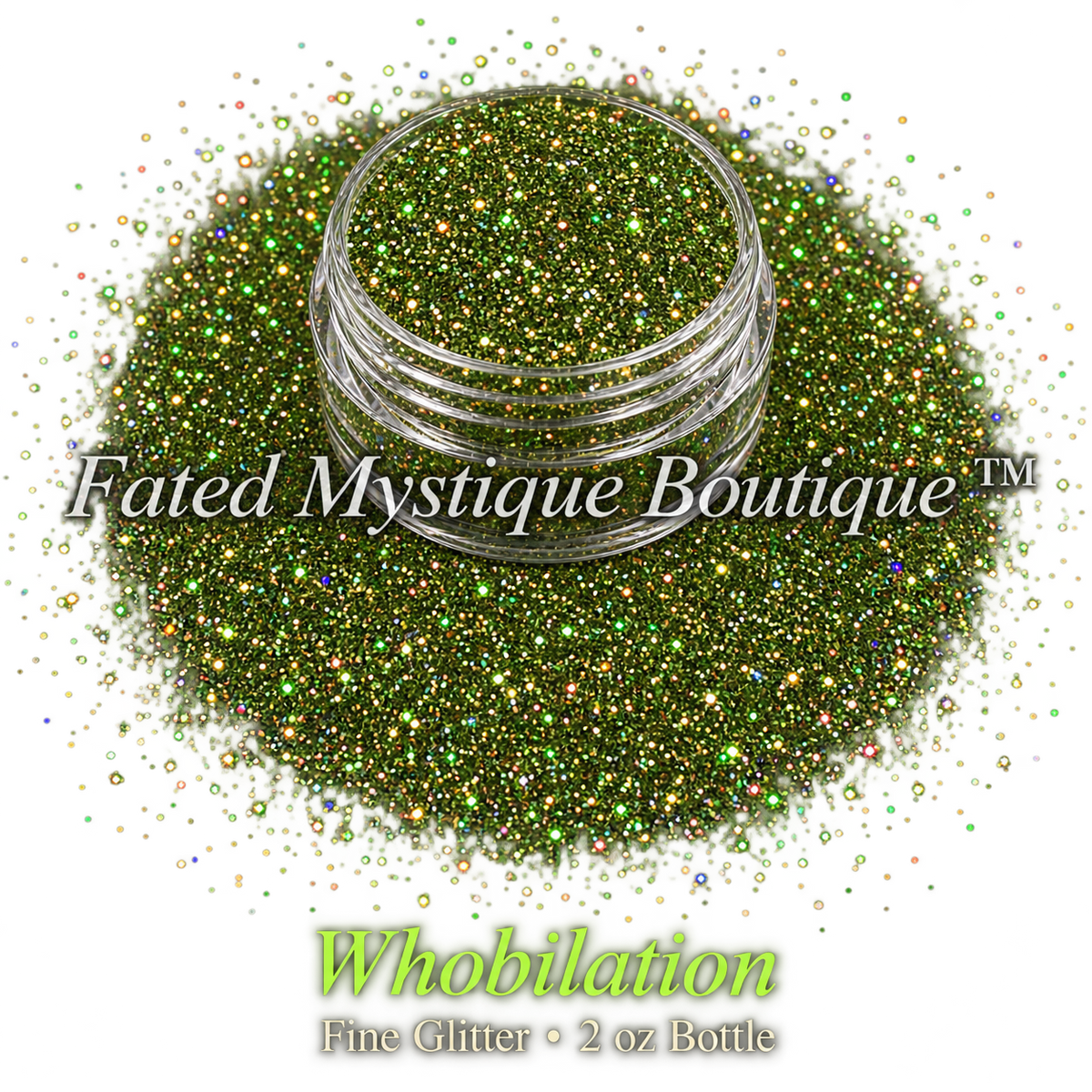 Whobilation olive-green fine glitter with bright green and gold reflective flashes in a clear jar on black; 2 oz bottle.