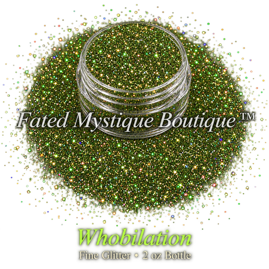 Whobilation olive-green fine glitter with bright green and gold reflective flashes in a clear jar on black; 2 oz bottle.