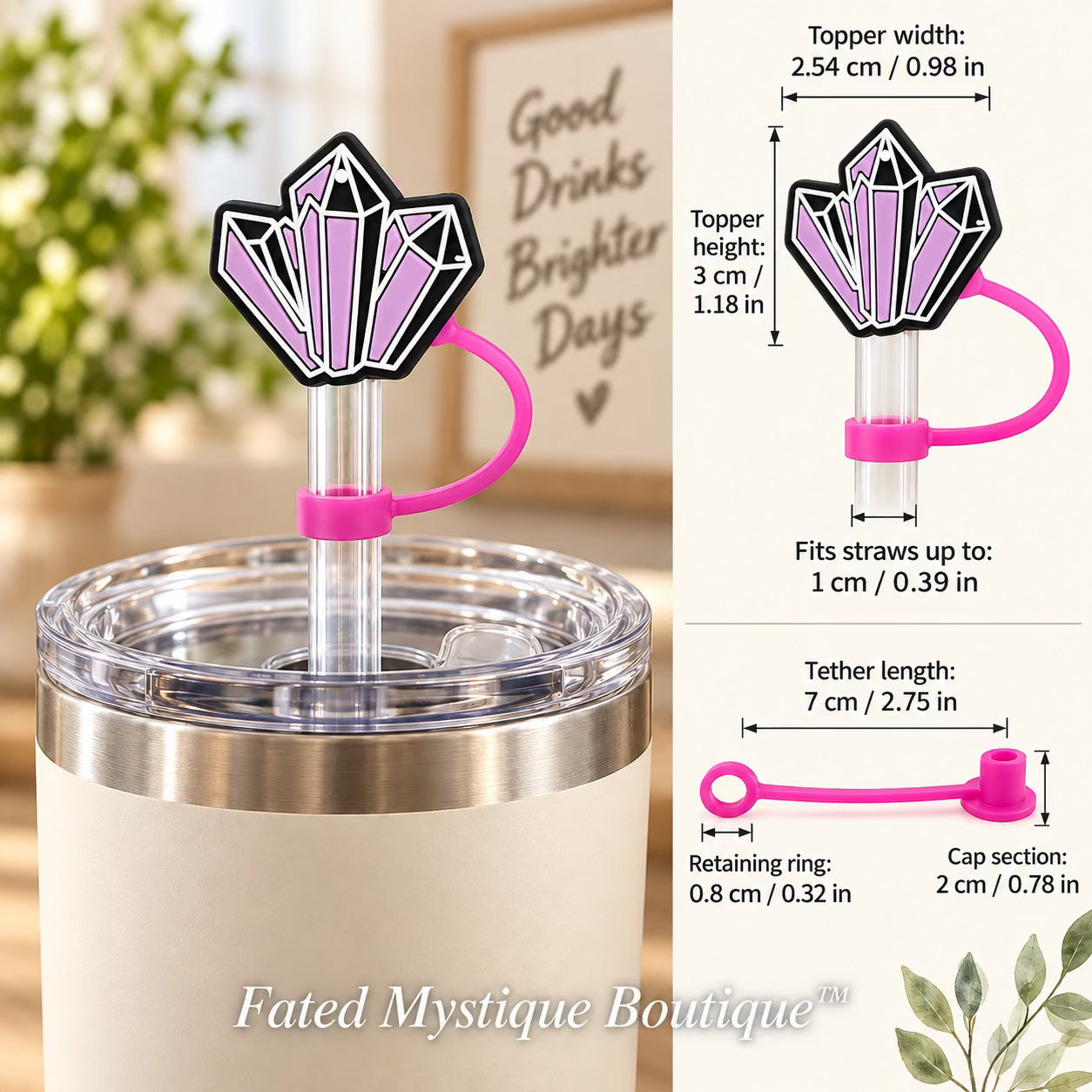 Crystals Straw Topper straw topper shown in use with measurements and Fated Mystique Boutique watermark