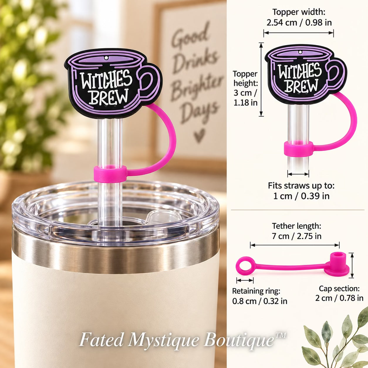 Witches Brew Straw Topper straw topper shown in use with measurements and Fated Mystique Boutique watermark