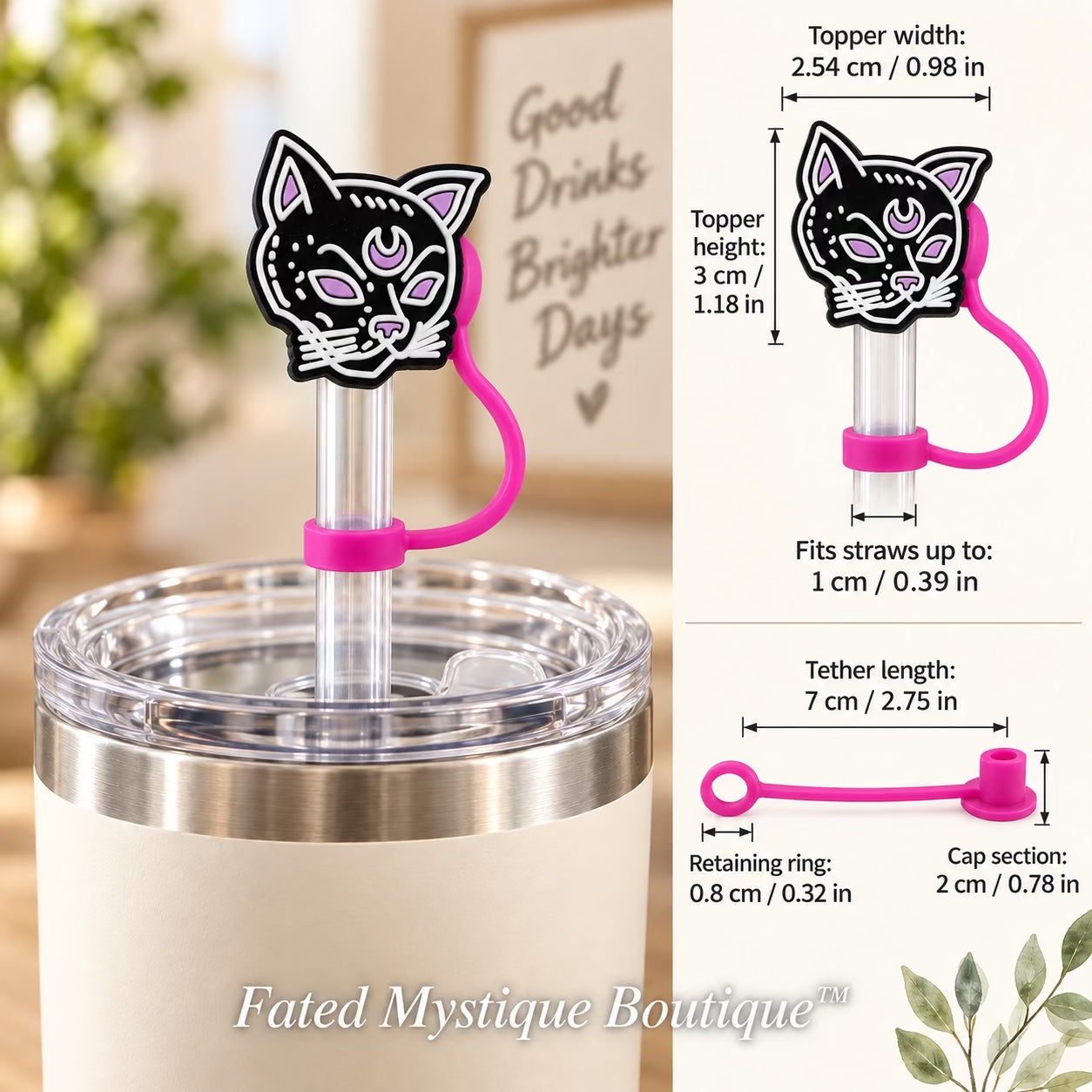 Black Cat Straw Topper straw topper shown in use with measurements and Fated Mystique Boutique watermark
