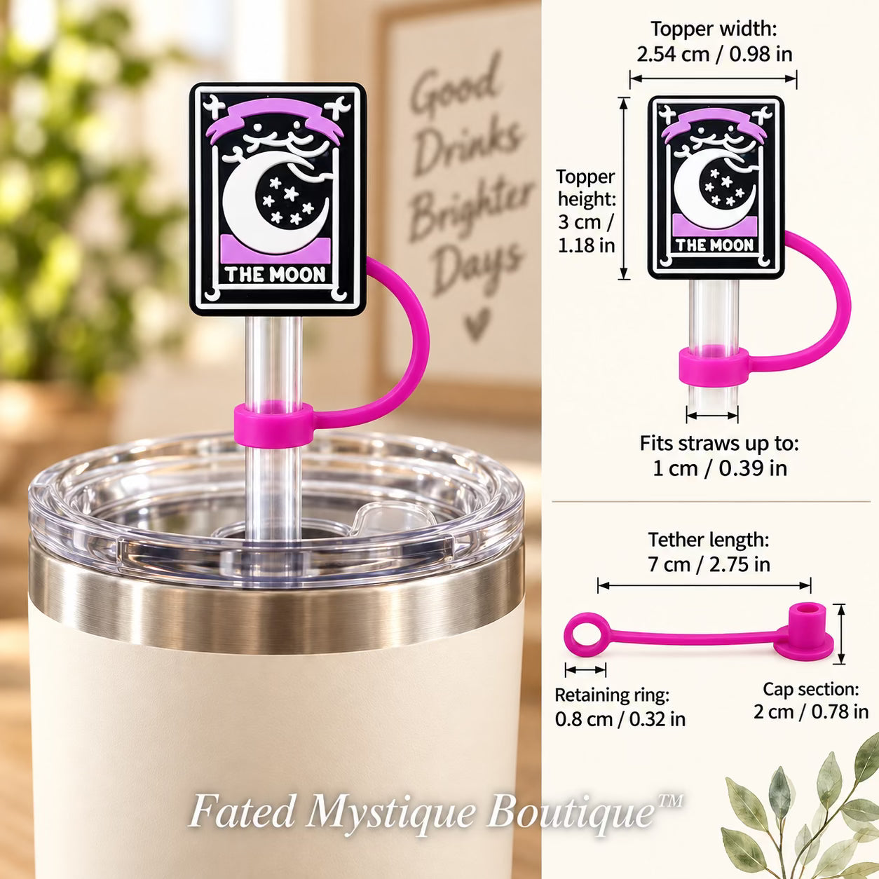 Tarot Card Straw Topper straw topper shown in use with measurements and Fated Mystique Boutique watermark