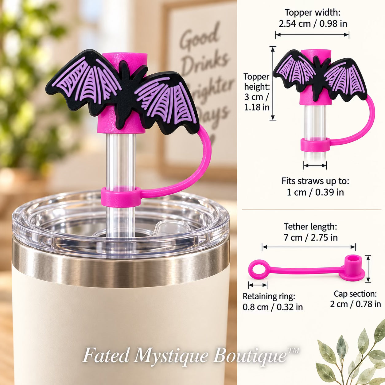 Bat Straw Topper straw topper shown in use with measurements and Fated Mystique Boutique watermark