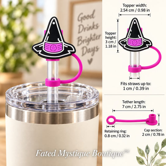 Witches Hat Straw Topper straw topper shown in use with measurements and Fated Mystique Boutique watermark