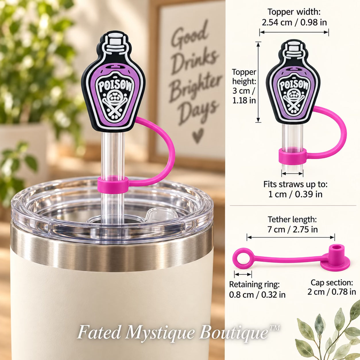 Potion Bottle Straw Topper straw topper shown in use with measurements and Fated Mystique Boutique watermark