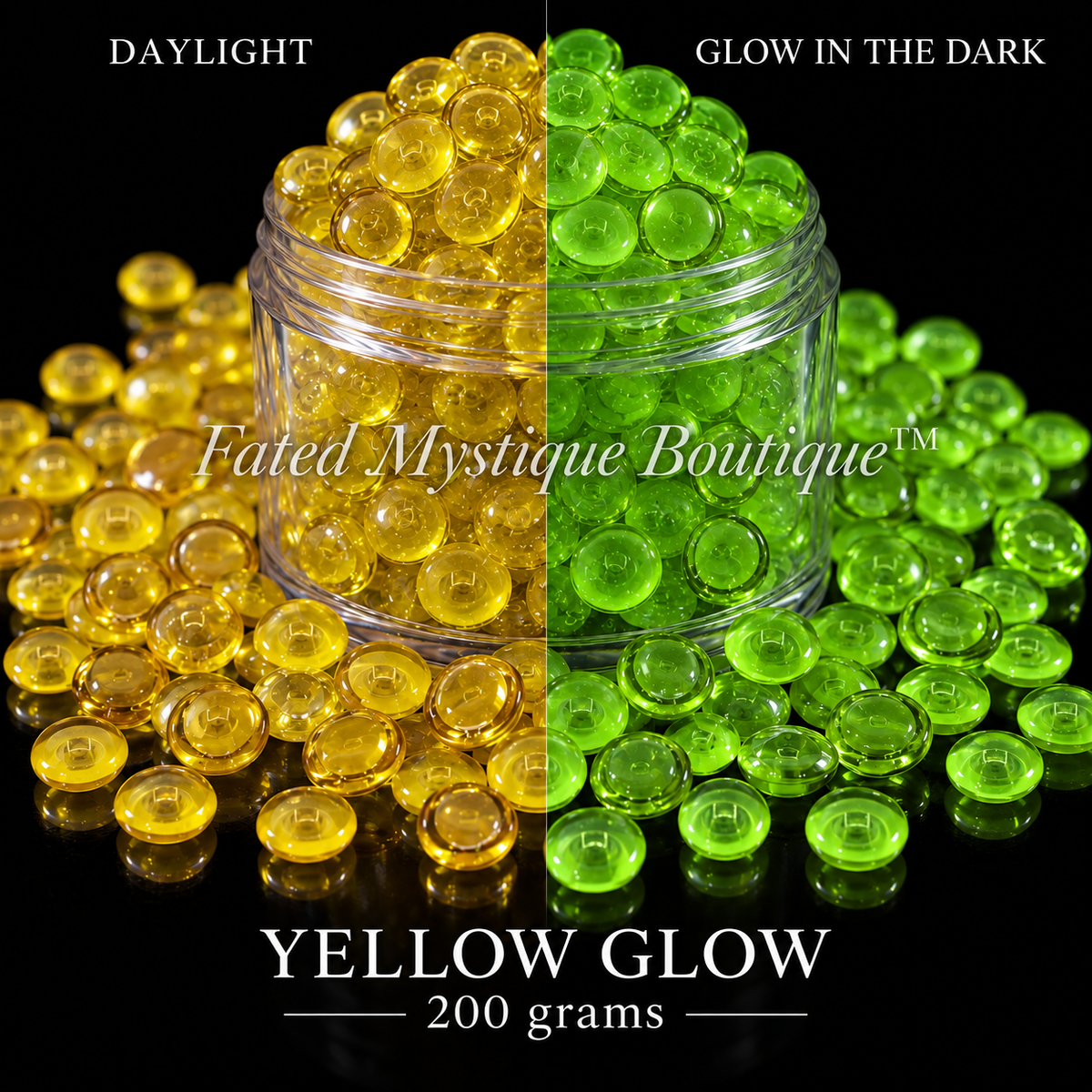 YELLOW GLOW, 200 grams, acrylic beads overflowing a centered clear jar on black, daylight and glow-in-the-dark views — Fated Mystique Boutique