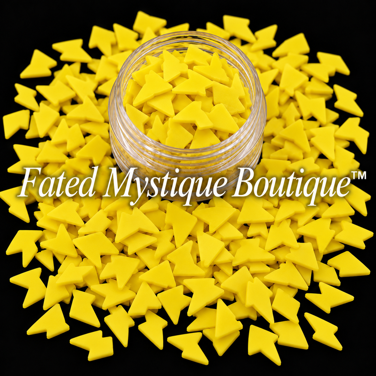 Yellow Lightning Bolt Clay Slices, 0.35 oz clearance pack, shown in a clear display jar with scattered pieces on a black background