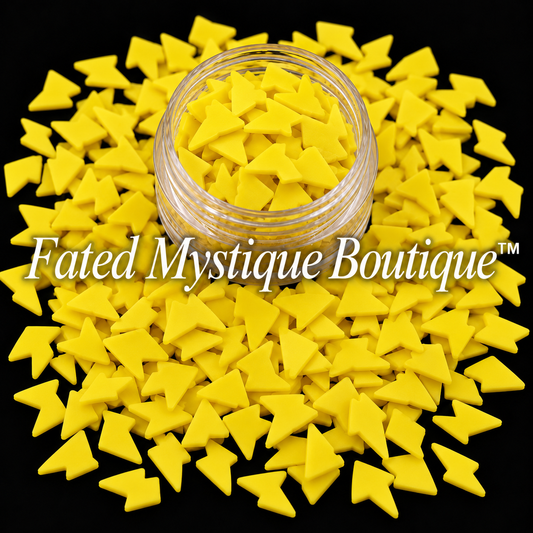 Yellow Lightning Bolt Clay Slices, 0.35 oz clearance pack, shown in a clear display jar with scattered pieces on a black background